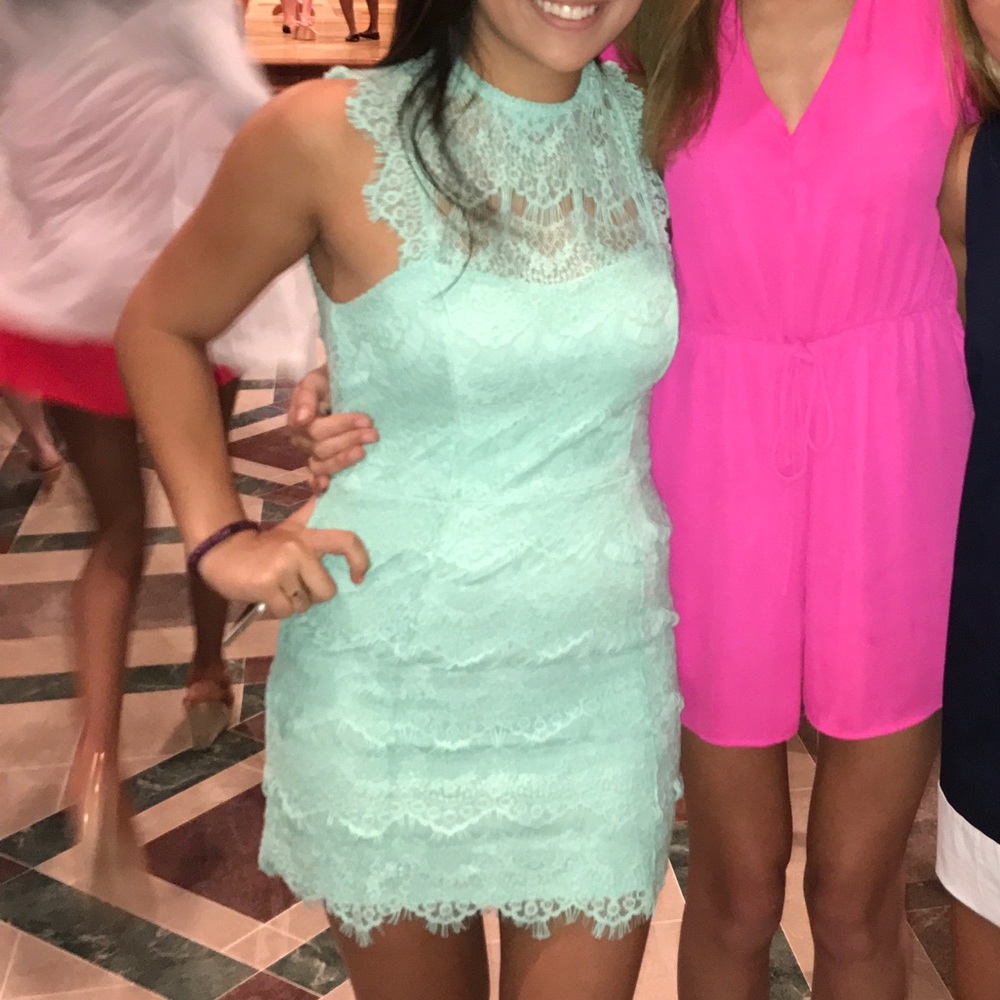 Free People High Neck Lace Dress in Bright Mint